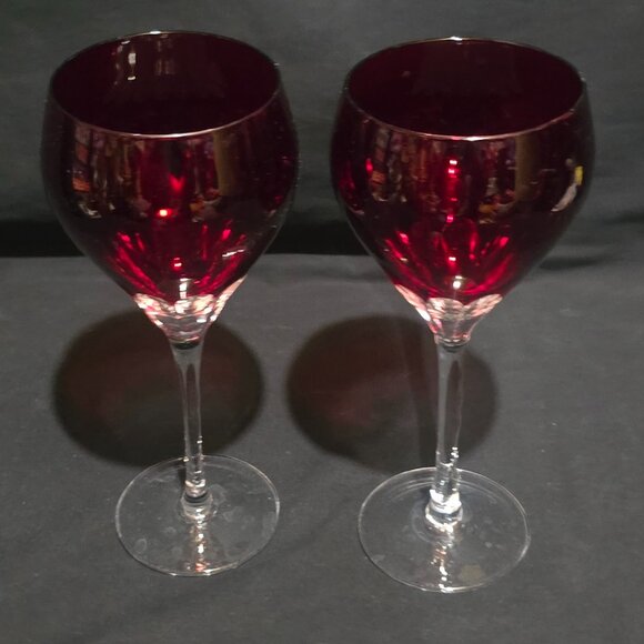 Ruby Red to Clear Cut Glass Wine Goblet - Set of 2   4"W x 9" H - Picture 2 of 5